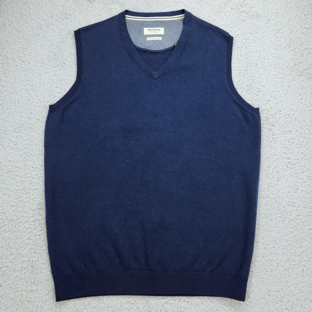 MCNEAL Sweater Vest Mens Large Blue V Neck Cotton Stretch Knit Pullover NEW